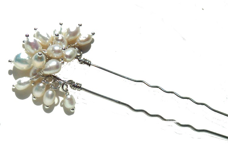 White Elliptical Pearls Silver Hair Pin