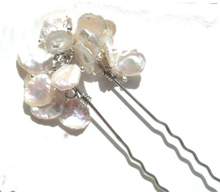 White Petal Keishi Pearls Silver Hair Pin