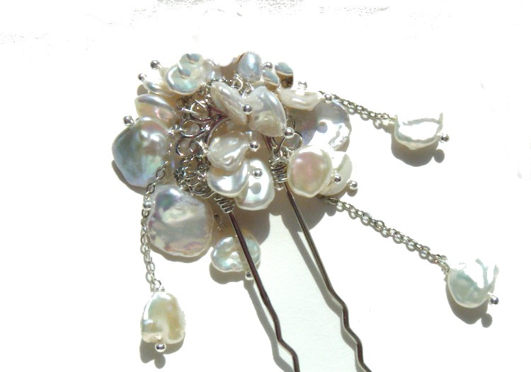 White Petal Keishi Pearls Silver Hair Pin